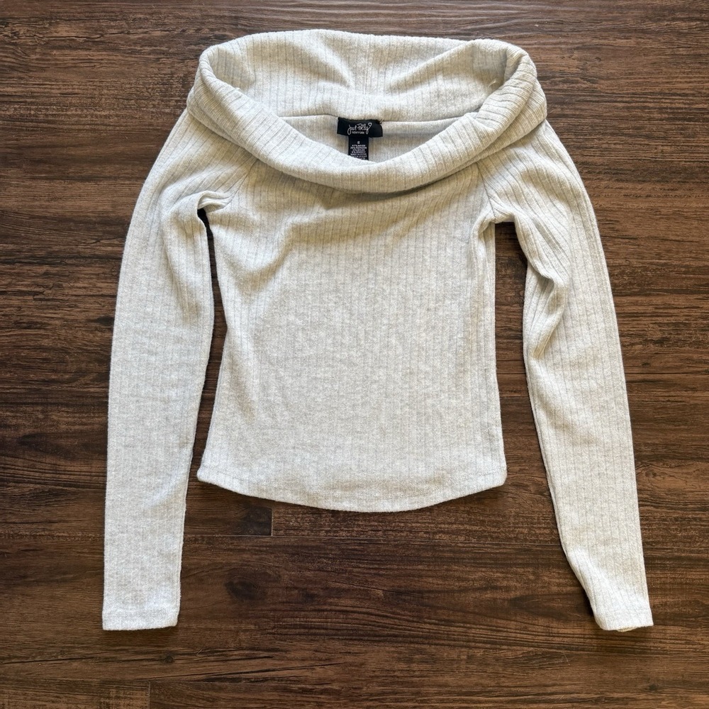 Just Polly NY Y2K Grey Ribbed Off-The-Shoulder Top | Portrait Neck Long Sleeve S
